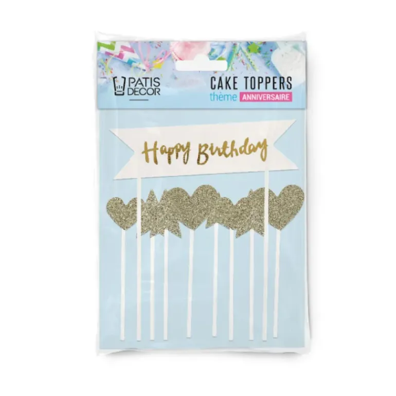 Cake Topper Happy Birthday Cœurs et Étoiles Dorés (x10) Patisdécor