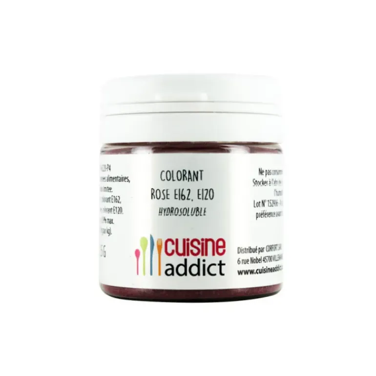 Colorant alimentaire Rose E162/E120 Poudre Hydrosoluble 25 g Cuisineaddict