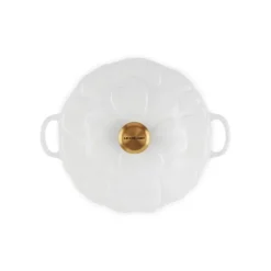 Faitout Fonte Émaillée Pétales Blanc avec Bouton Doré 26 cm Le Creuset