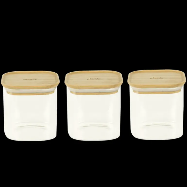 Lot 3 Boîtes de Conservation en Verre et Bambou Carré 800 ml Pebbly