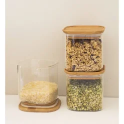 Lot 3 Boîtes de Conservation en Verre et Bambou Carré 800 ml Pebbly
