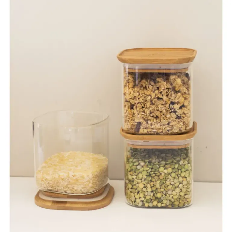 Lot 3 Boîtes de Conservation en Verre et Bambou Carré 800 ml Pebbly
