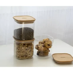 Lot 3 Boîtes de Conservation en Verre et Bambou Carré 800 ml Pebbly